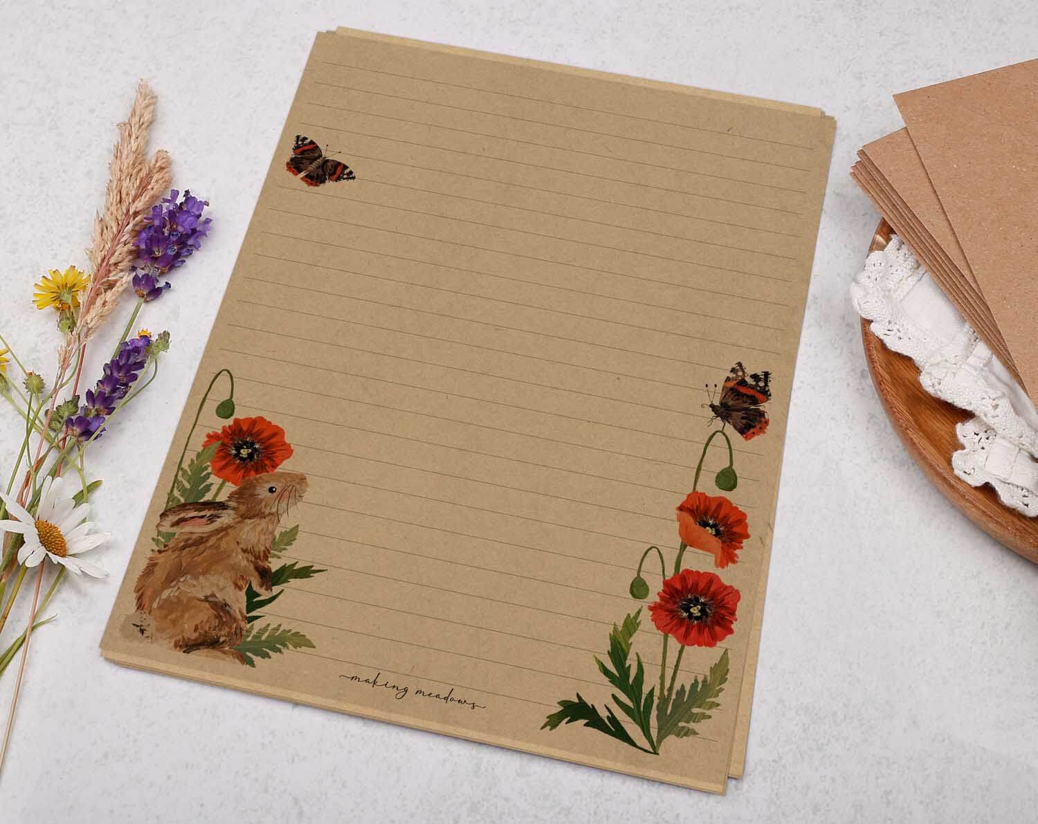 Letter Writing Party themed stationery with floral designs and a cute rabbit illustration.