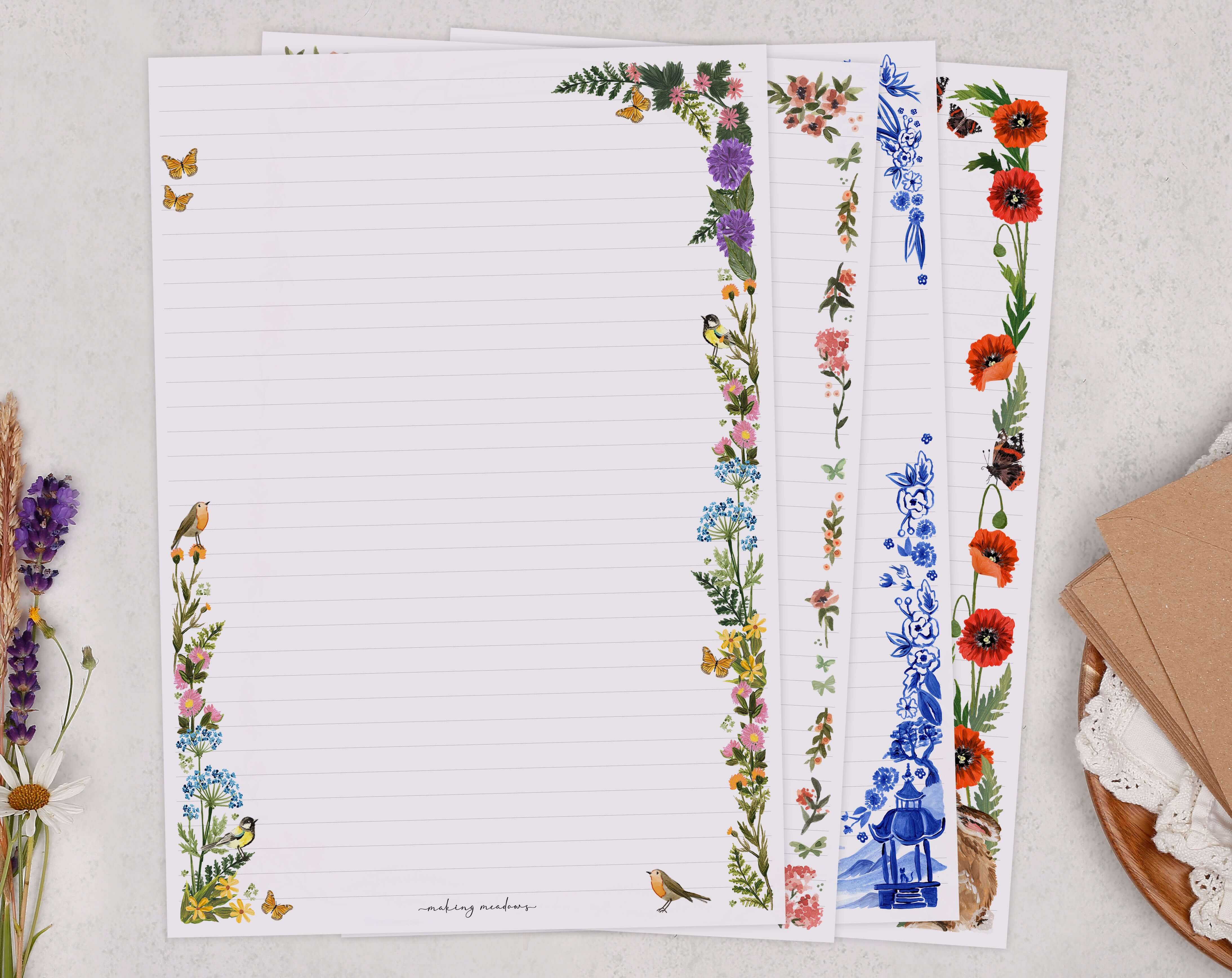 Decorative letter paper designs featuring flowers and butterflies, representing various paper sizes in the UK and USA.