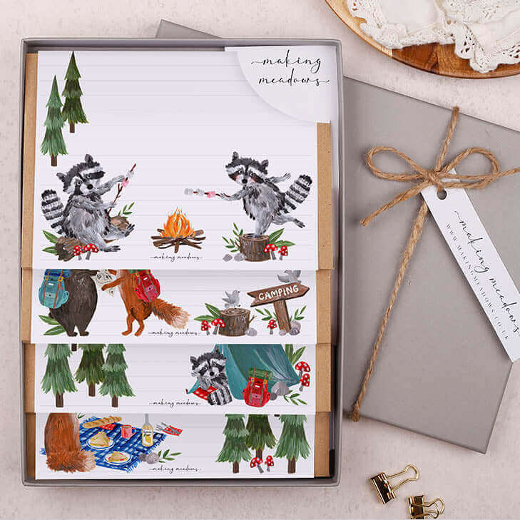 Colorful Children Stationery Sets featuring raccoons and camping designs perfect for little ones.