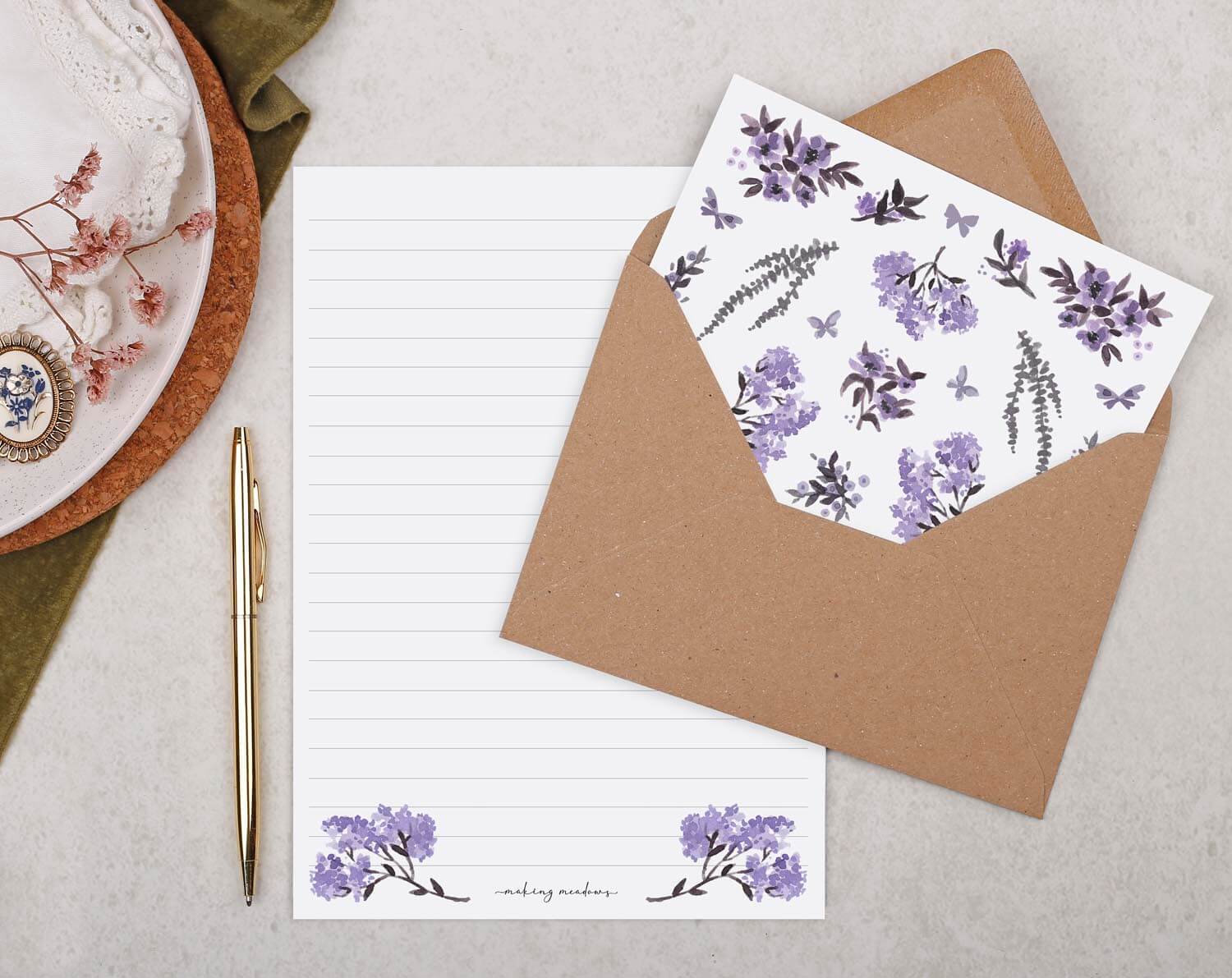 purple floral writing paper with envelope