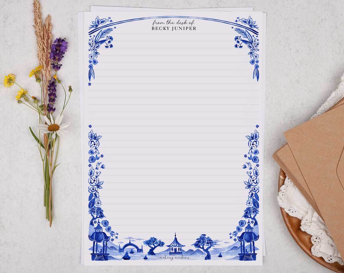 Personalised A4 Letter Writing Paper with floral borders and custom name 'Becky Juniper' on a decorative page.