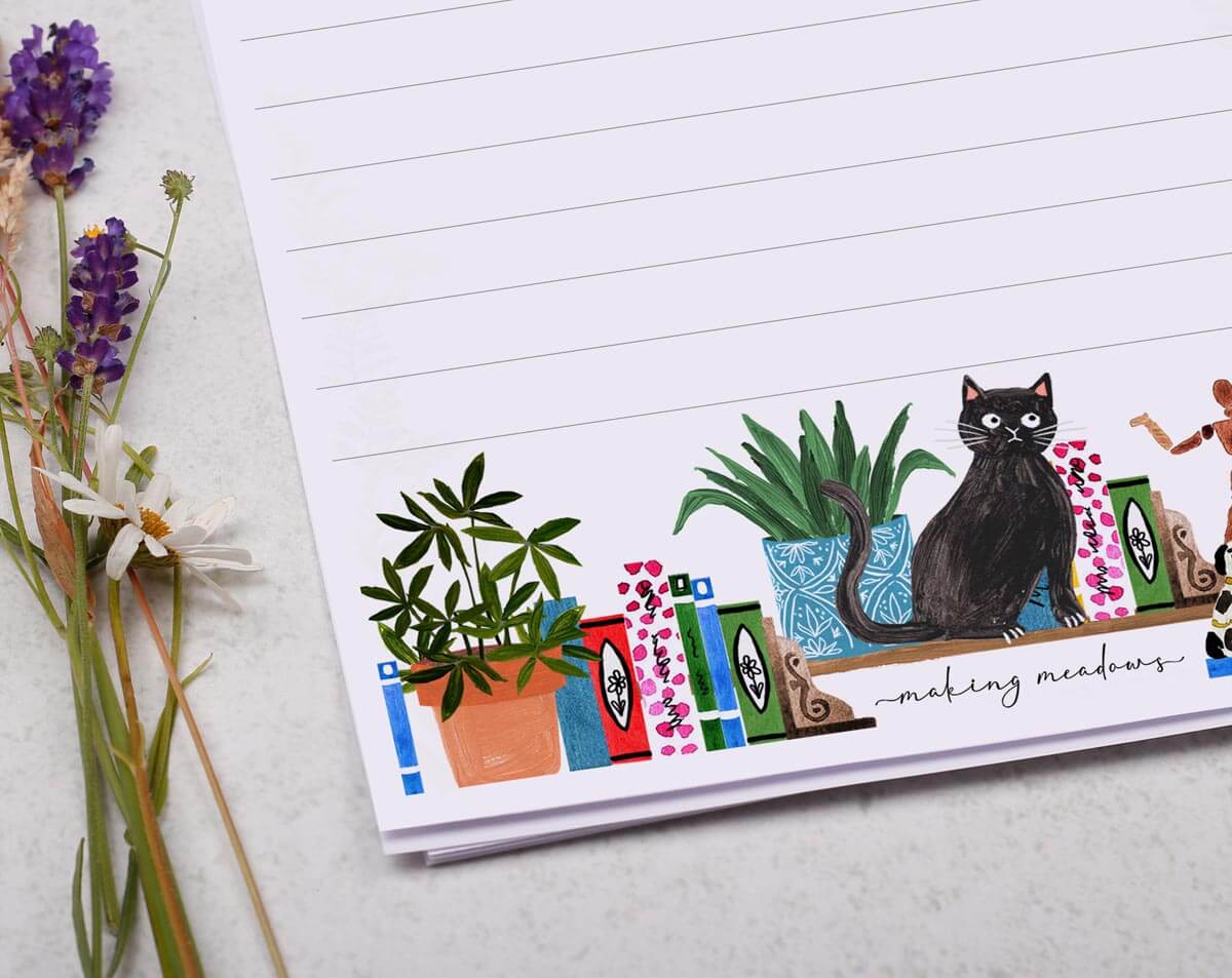 Classic A5 Writing Paper featuring a black cat and colorful plants on a decorative letter writing sheet.