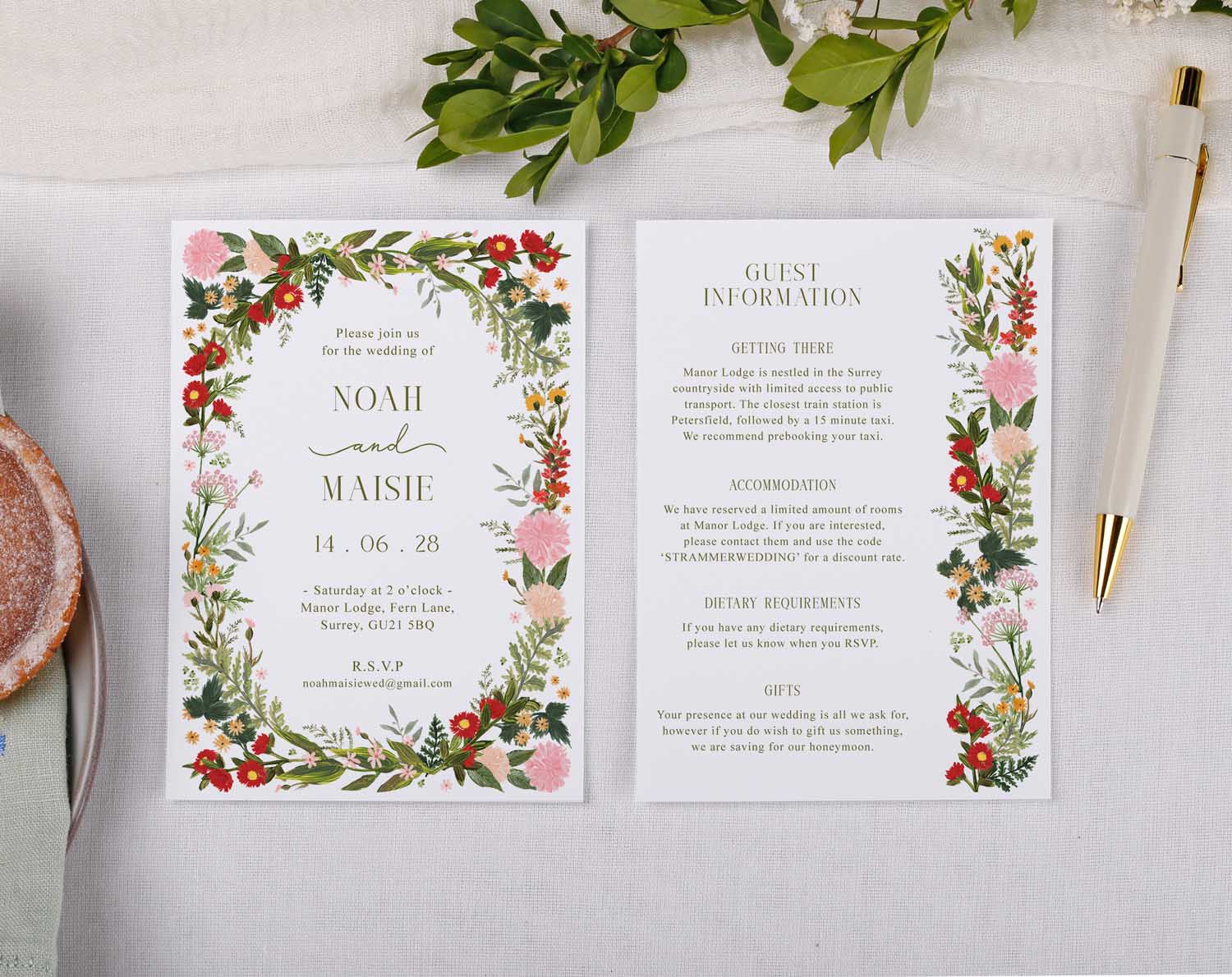 Wedding Information Cards featuring floral design and essential guest details for the invitation set.