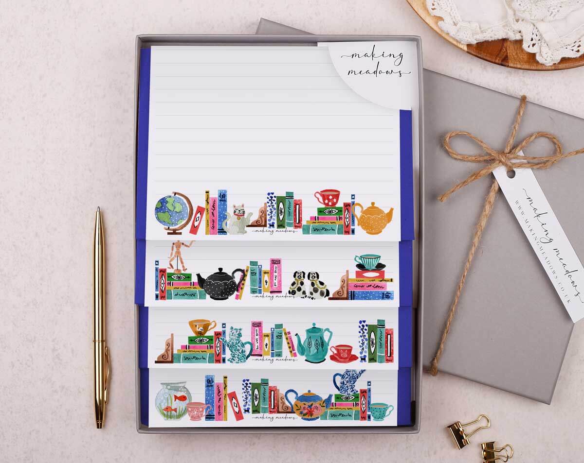 Writing Paper Gift Boxes featuring colorful stationery with books and teacups in a beautiful gift box.