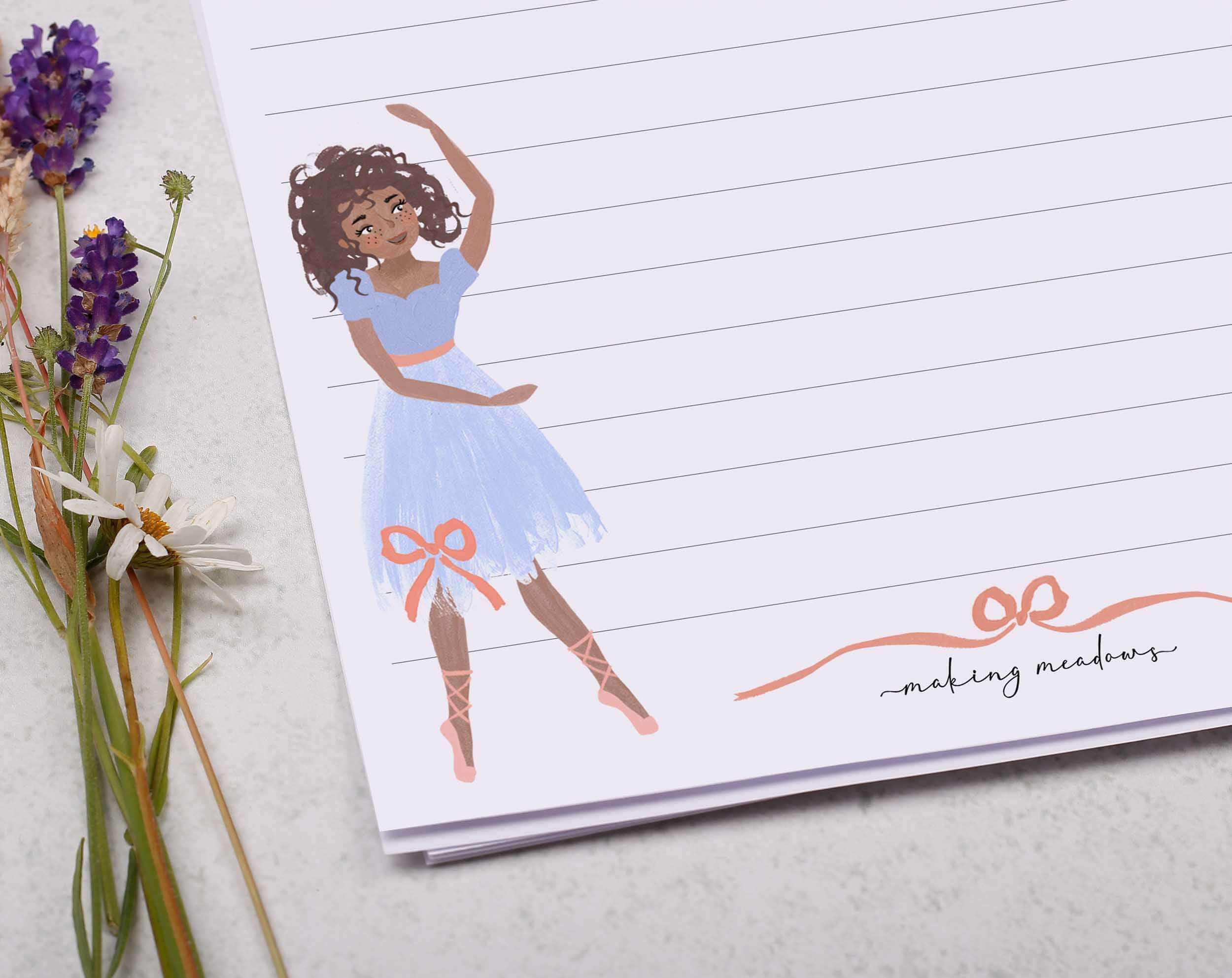 Letter Writing Set featuring a ballerina illustration and lined writing paper, encouraging children to write letters.