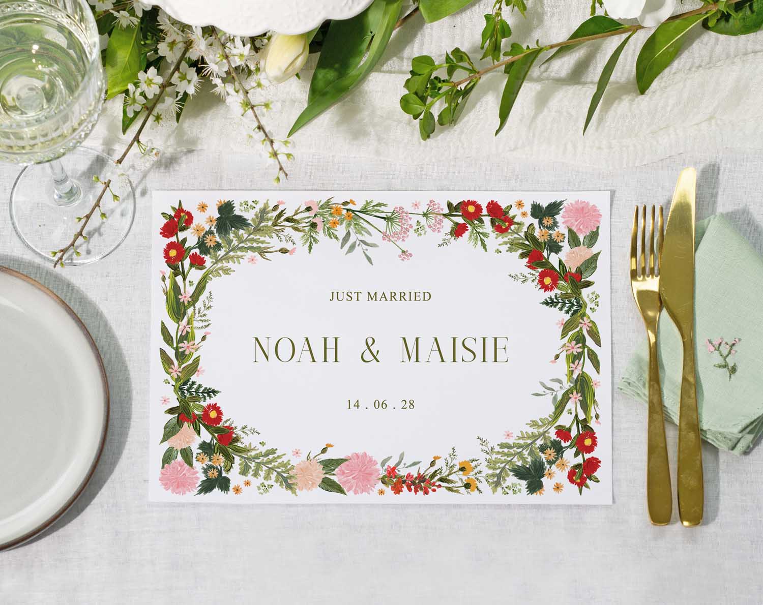 Wedding Placemats with floral design, personalised for Noah and Maisie, perfect for a wedding reception.