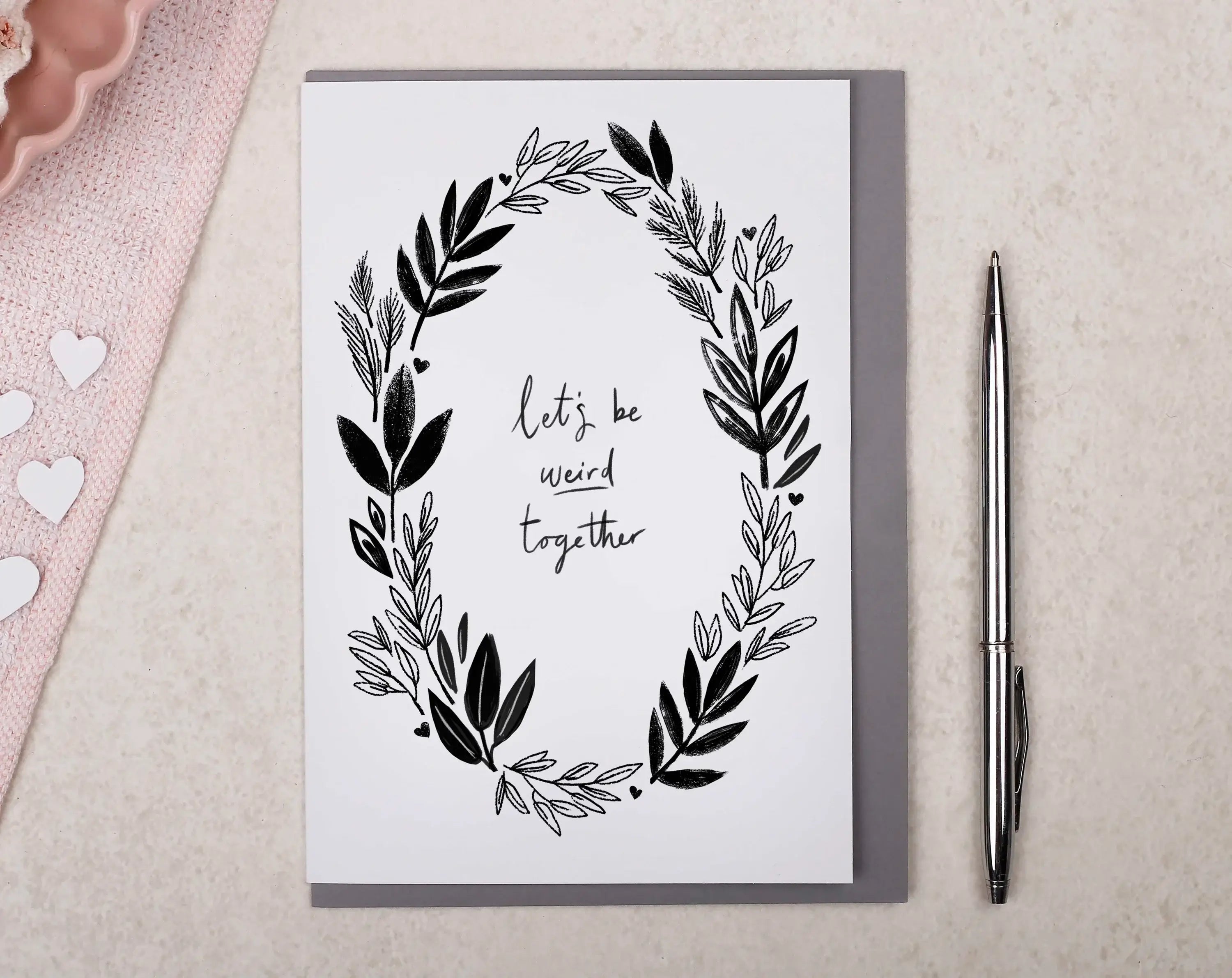 Linear Leaf Valentines Day Cards featuring a monochrome botanical illustration with the text 'let's be weird together'.