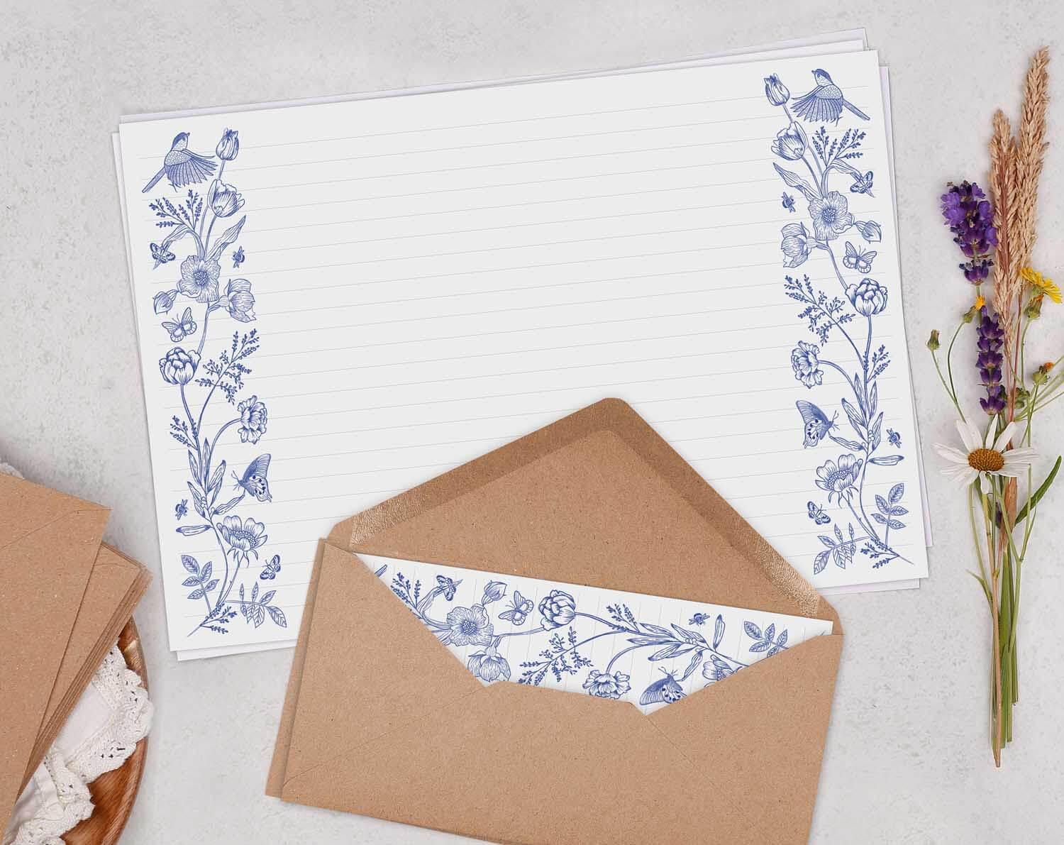 A4 Landscape Writing Paper With Blue Florals. Stationery designed by Making Meadows