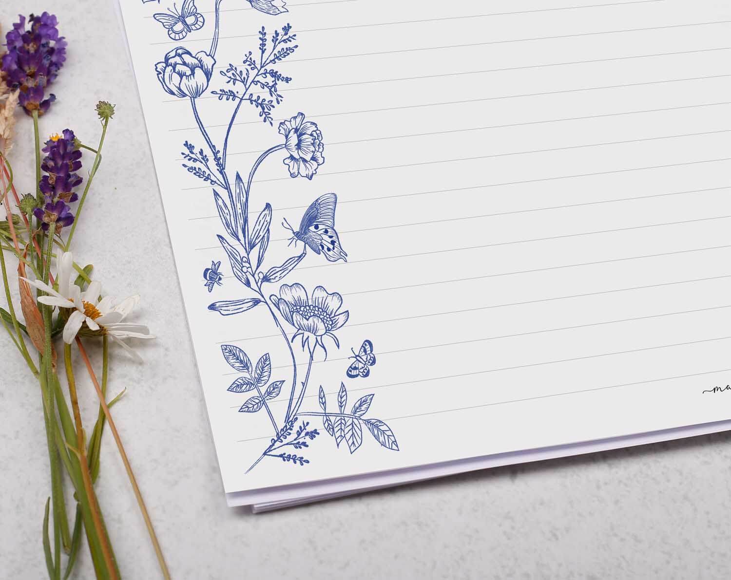 A4 Landscape Writing Paper With Blue Florals. Stationery designed by Making Meadows