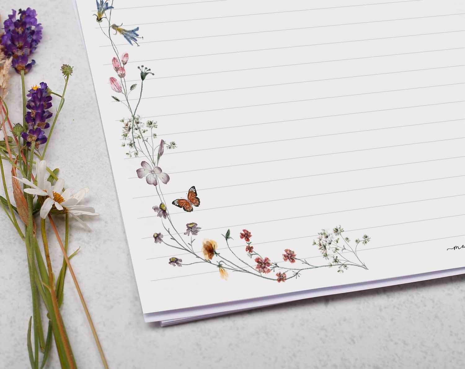 A4 Landscape Writing Paper With Butterfly Florals. Stationery designed by Making Meadows