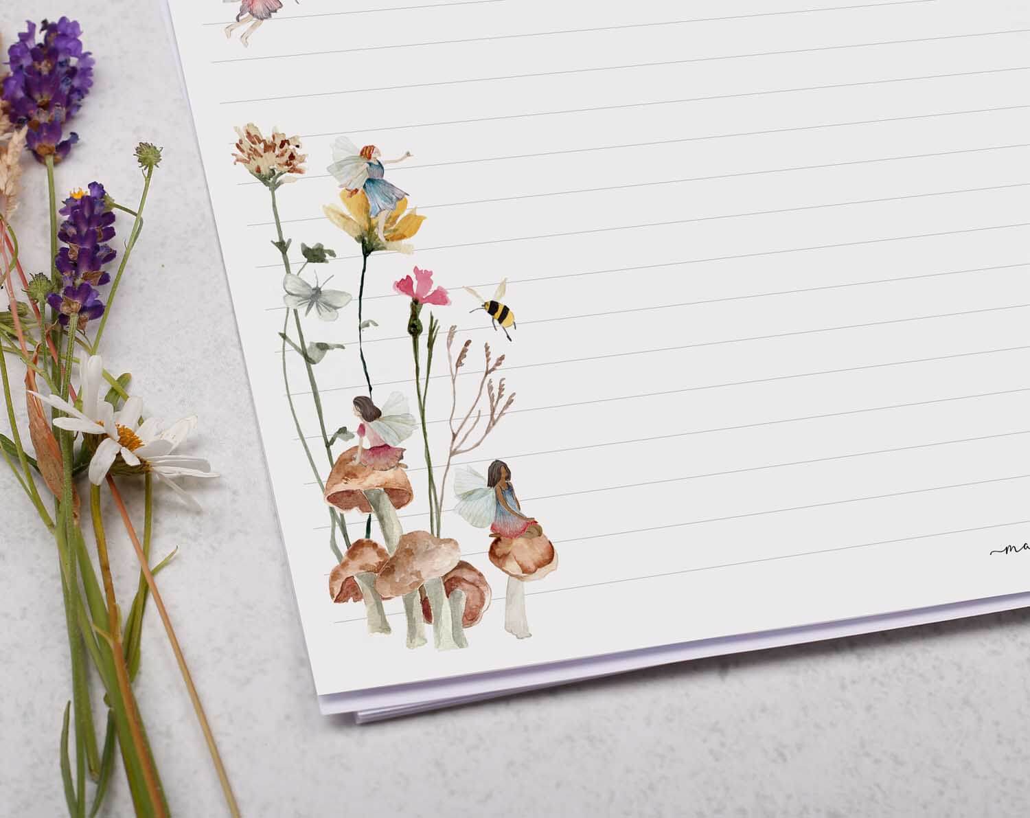 A4 Landscape Writing Paper With Fairy & Flowers. Stationery designed by Making Meadows