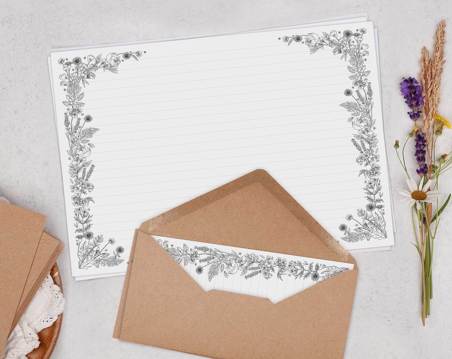 A4 Landscape Writing Paper With Monochrome Flowers. Stationery designed by Making Meadows