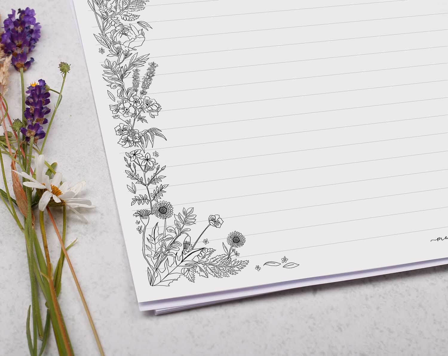 A4 Landscape Writing Paper With Monochrome Flowers. Stationery designed by Making Meadows