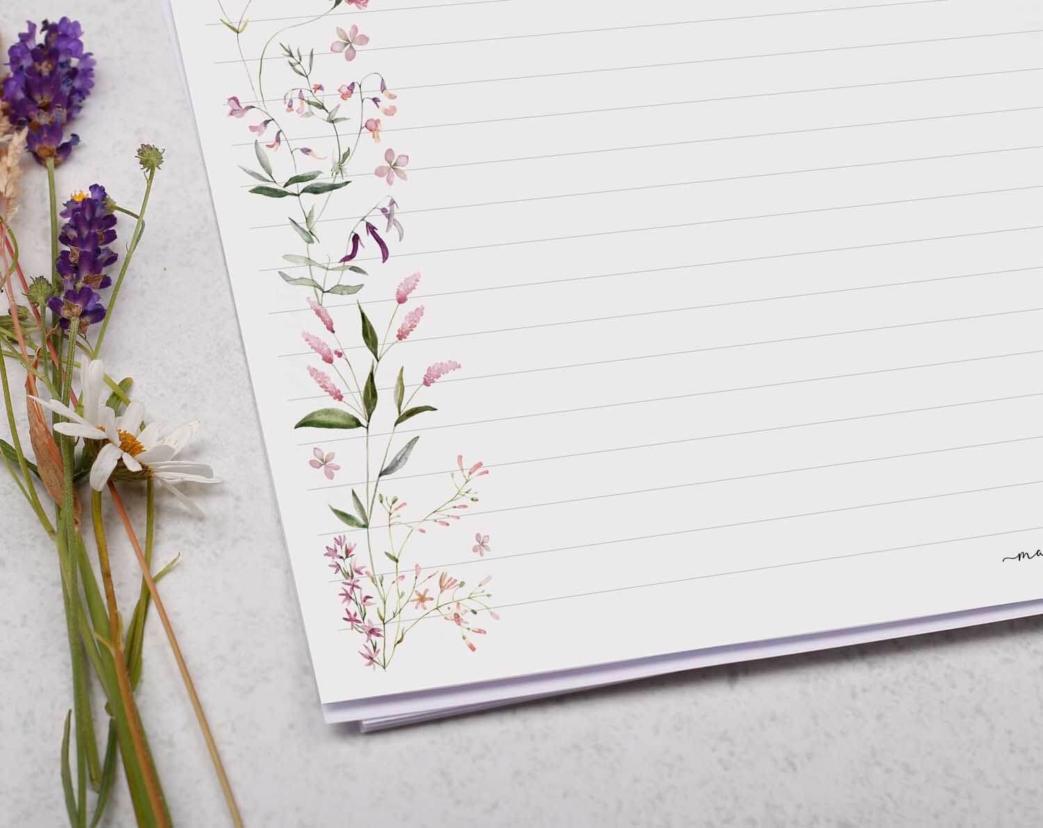 A4 Landscape Writing Paper With Pink Florals. Stationery designed by Making Meadows