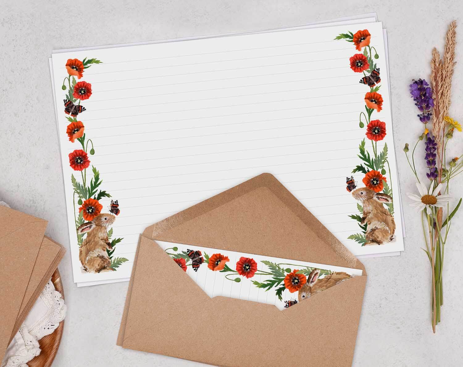A4 Landscape Writing Paper With Rabbit & Poppy. Stationery designed by Making Meadows