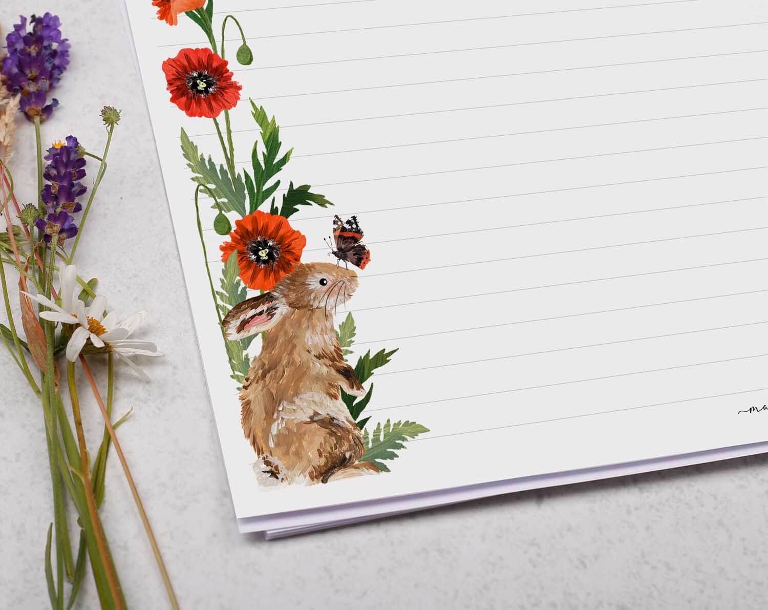 A4 Landscape Writing Paper With Rabbit & Poppy. Stationery designed by Making Meadows