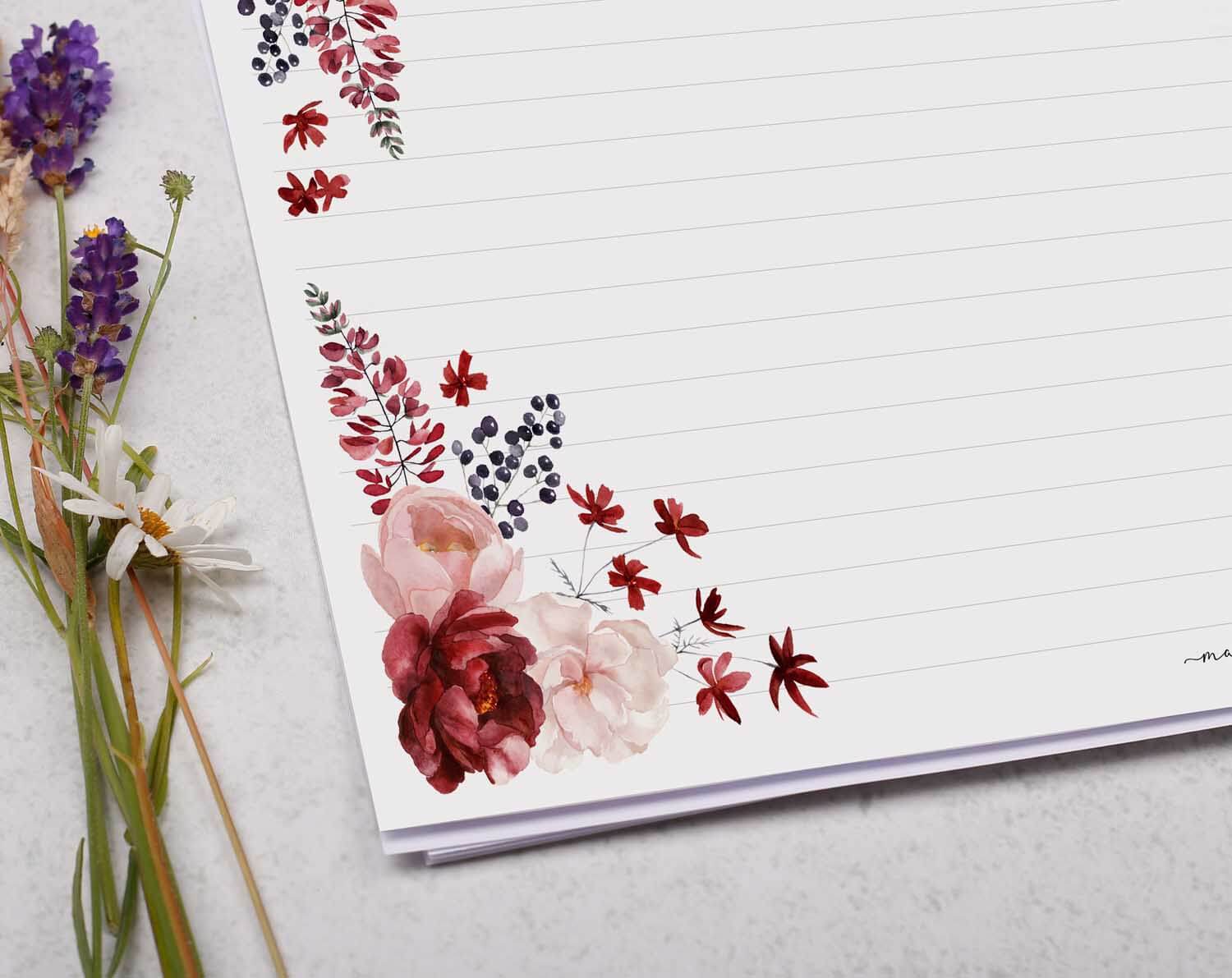 A4 Landscape Writing Paper With Red Flowers. Stationery designed by Making Meadows