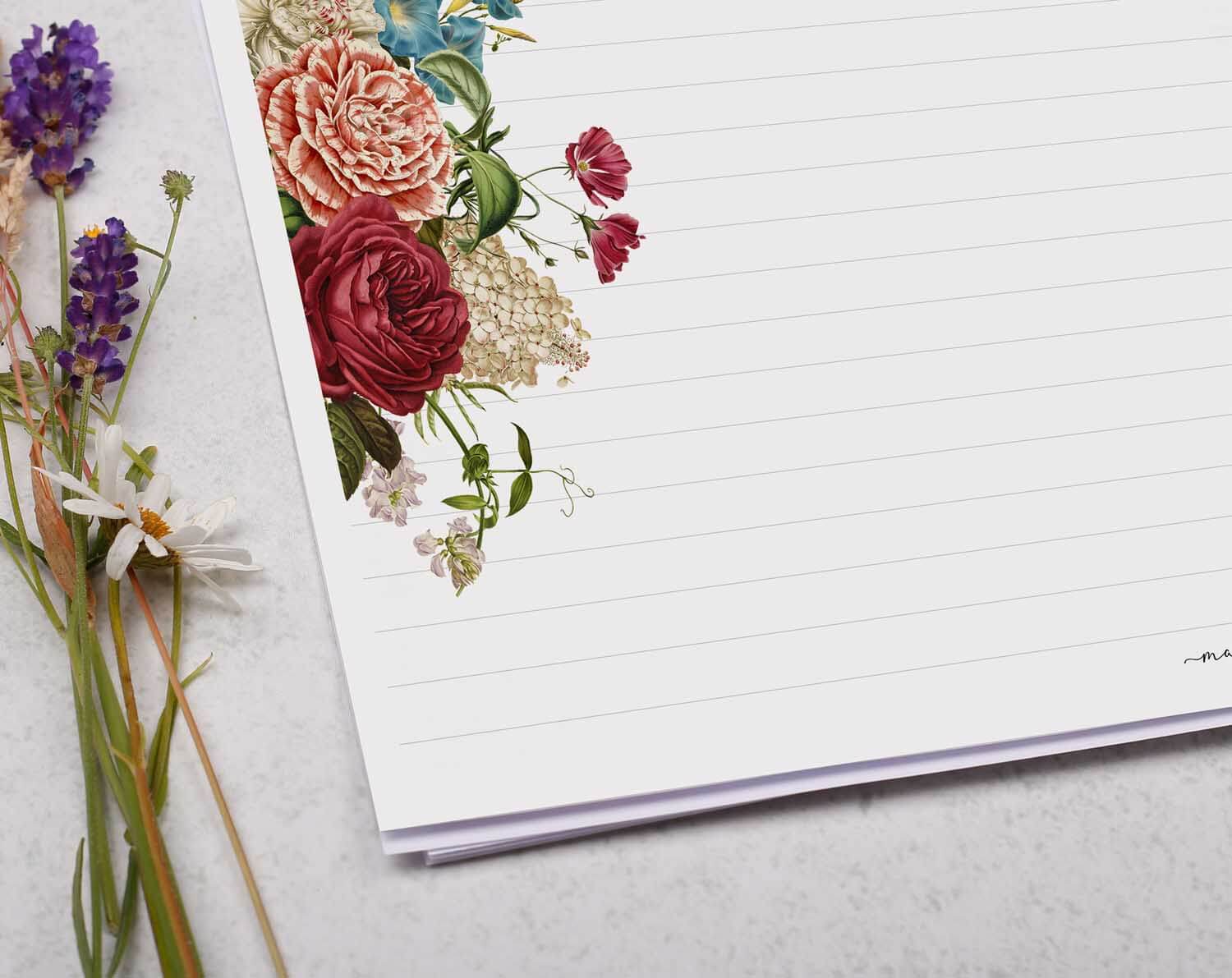 A4 Landscape Writing Paper With Vintage Floral Bouquet. Stationery designed by Making Meadows