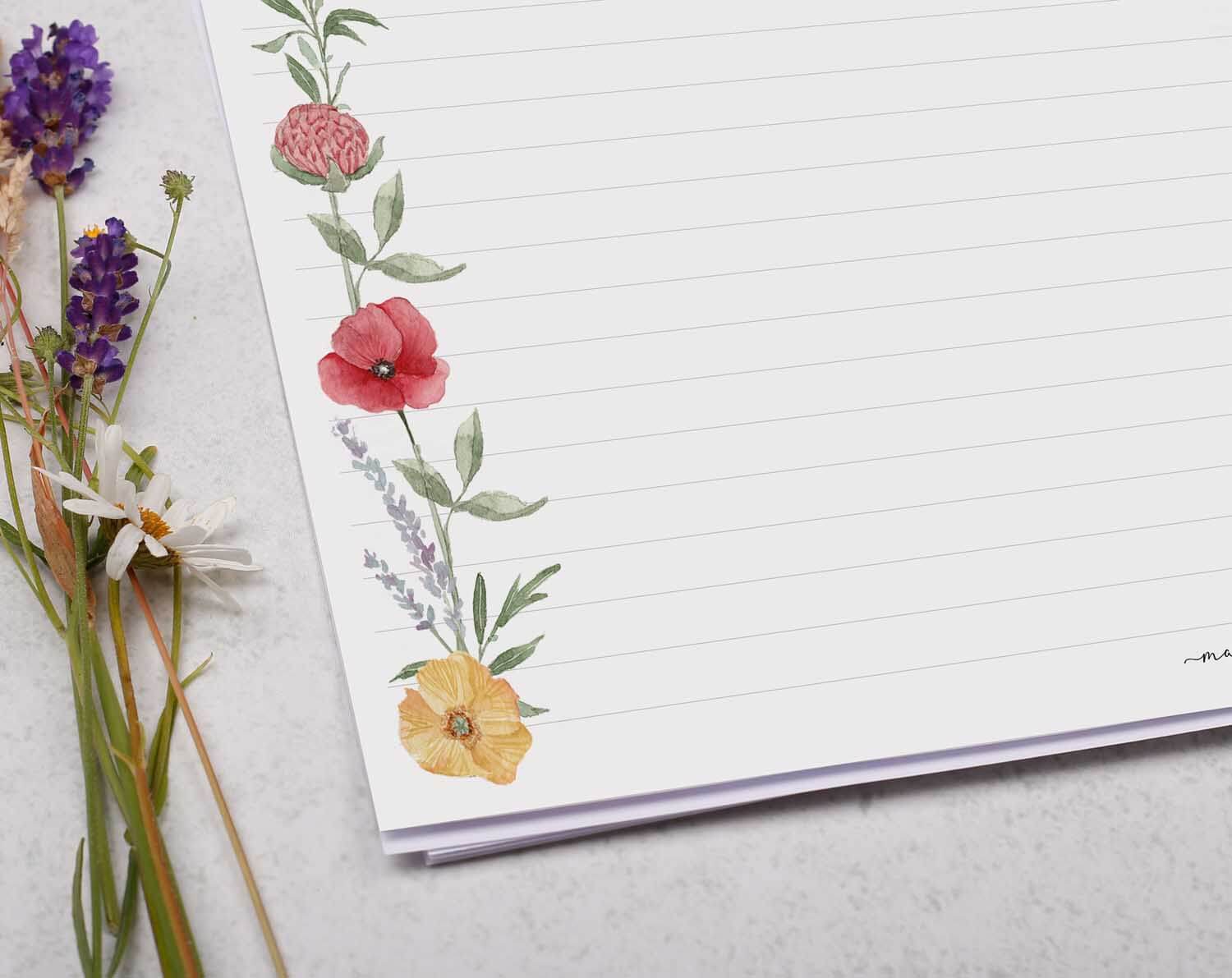 A4 Landscape Writing Paper With Watercolour Flowers. Stationery designed by Making Meadows