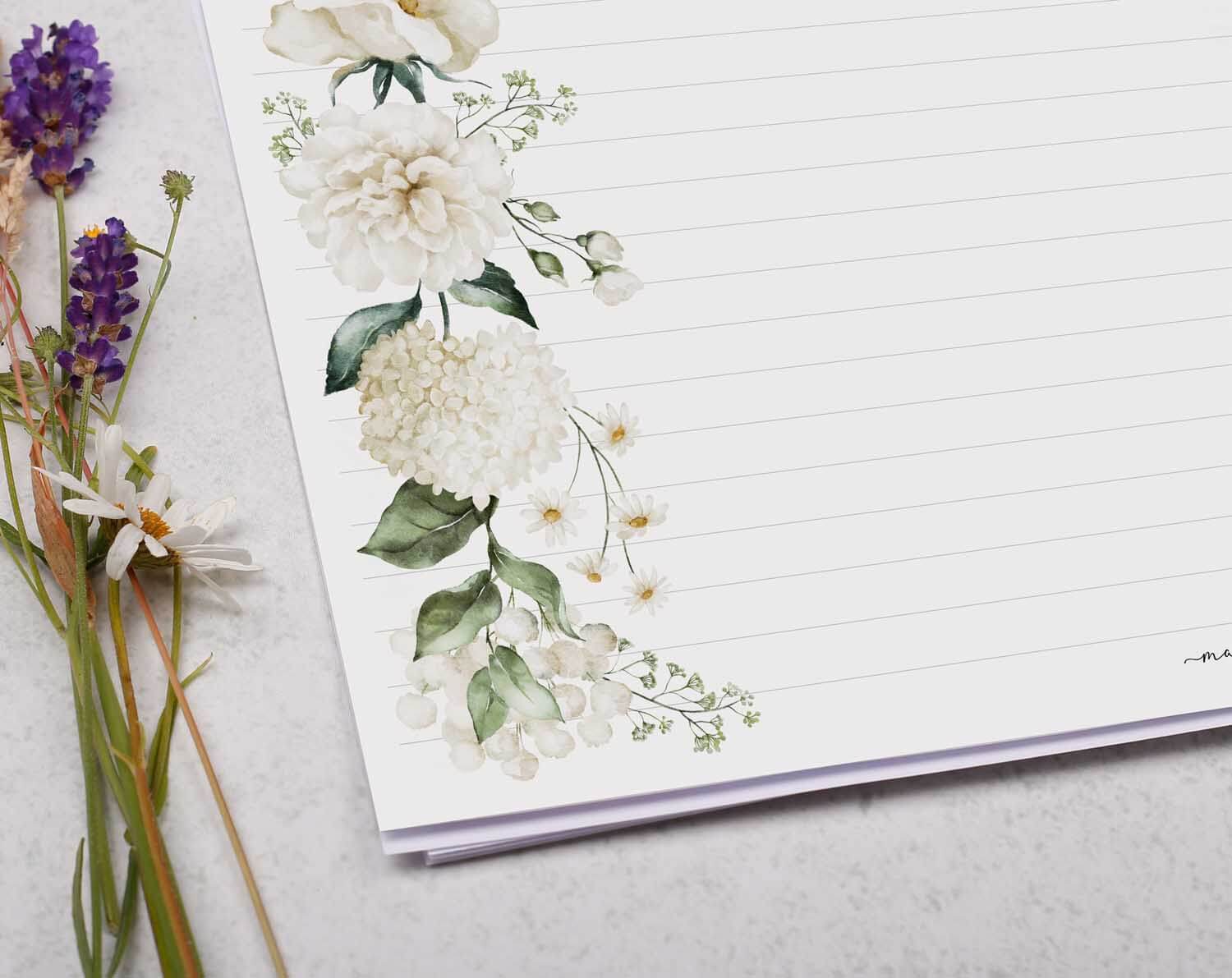 A4 Landscape Writing Paper With White Flowers. Stationery designed by Making Meadows