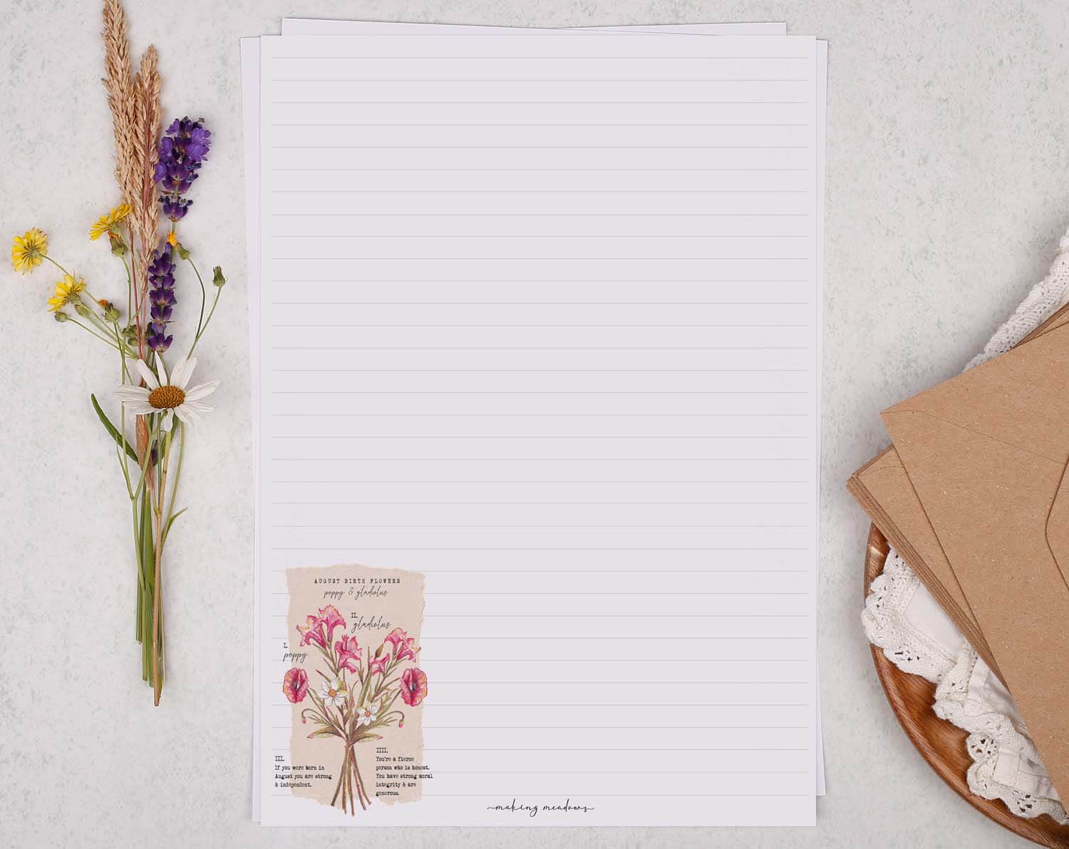 A4 Writing Paper With August Birth Flowers