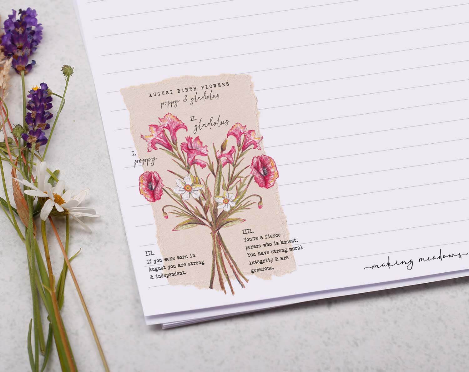 A4 Writing Paper With August Birth Flowers