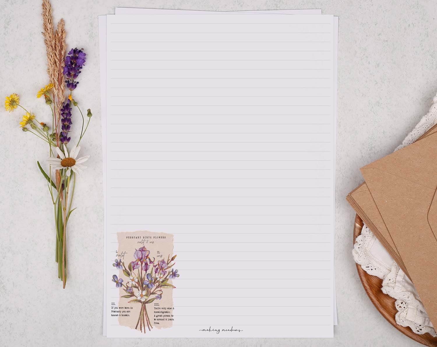A4 Writing Paper With February Birth Flowers