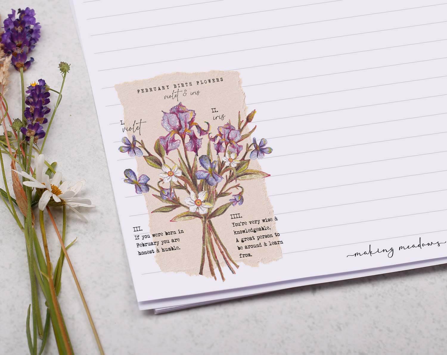 A4 Writing Paper With February Birth Flowers