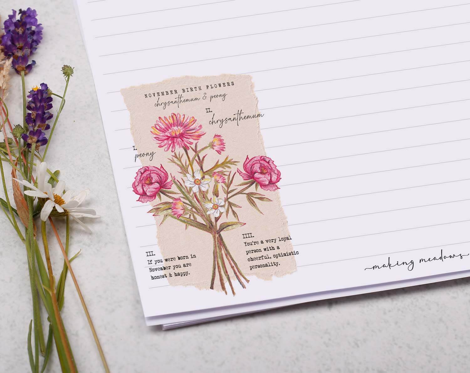 A4 Writing Paper With November Birth Flowers