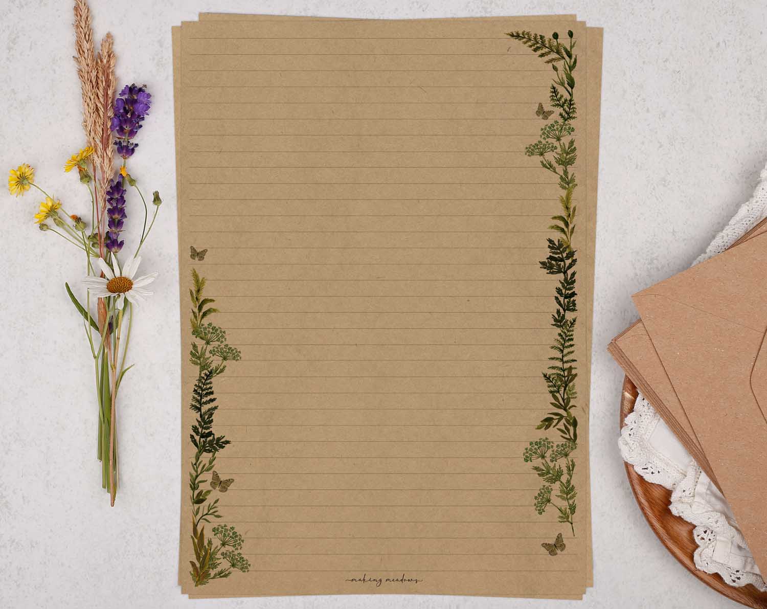 A4 kraft writing paper with botanic fern edge. Stationery designed by Making Meadows