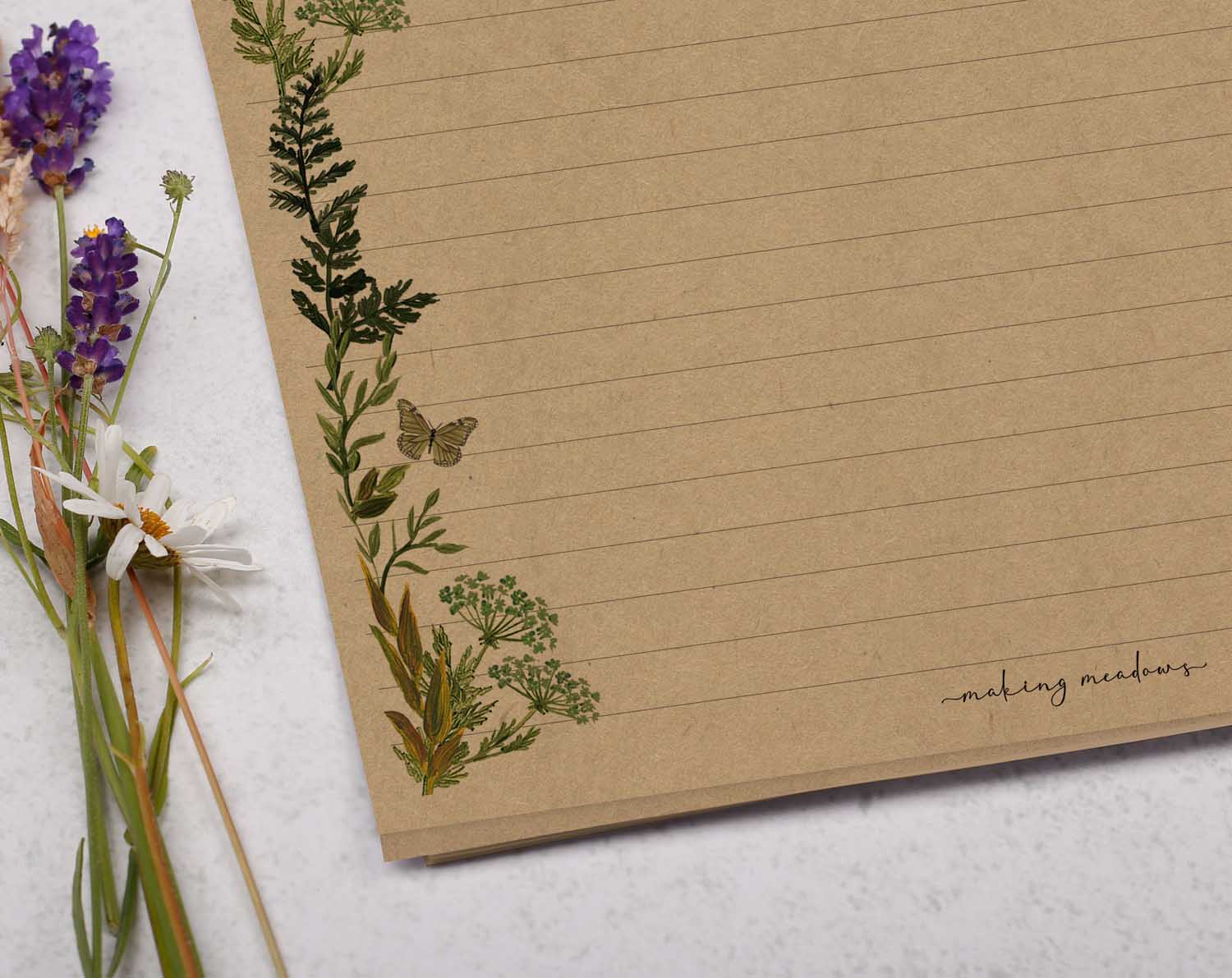 A4 kraft writing paper with botanic fern edge. Stationery designed by Making Meadows