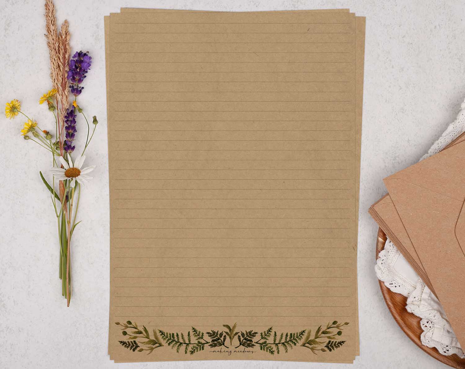 A4 kraft writing paper with botanical border. Stationery designed by Making Meadows