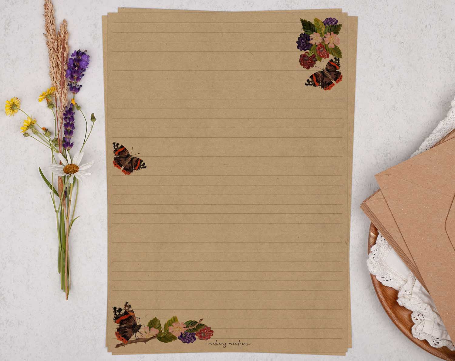 A4 kraft writing paper with butterfly & blackberries. Stationery designed by Making Meadows