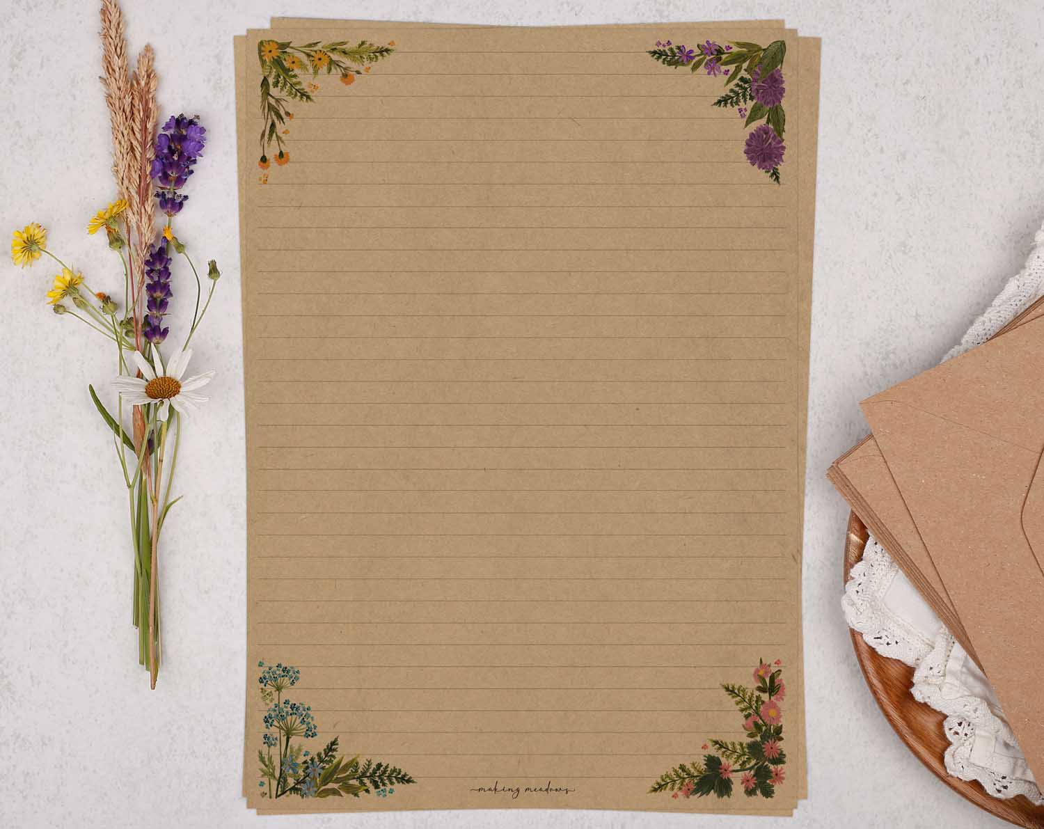 A4 kraft writing paper with corner flowers. Stationery designed by Making Meadows