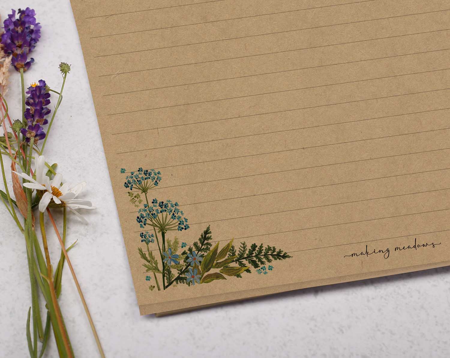 A4 kraft writing paper with corner flowers. Stationery designed by Making Meadows