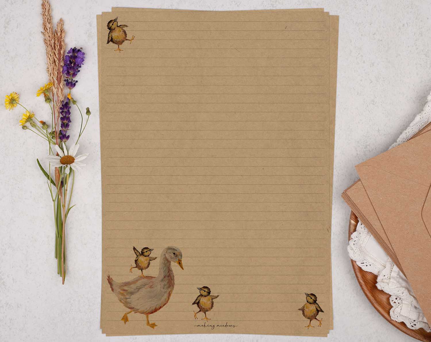 A4 kraft writing paper with cute baby chicks. Stationery designed by Making Meadows