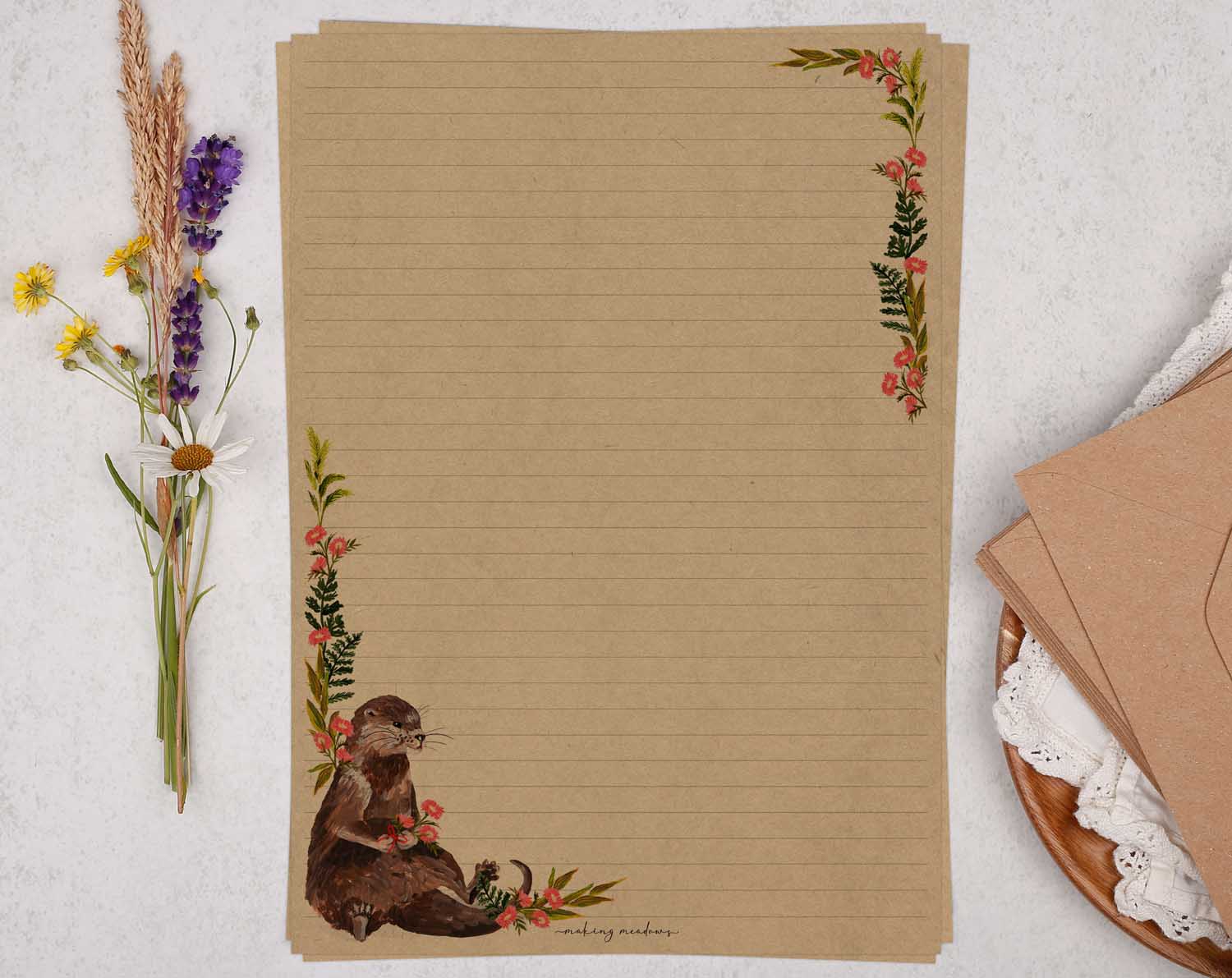 A4 kraft writing paper with cute otter. Stationery designed by Making Meadows