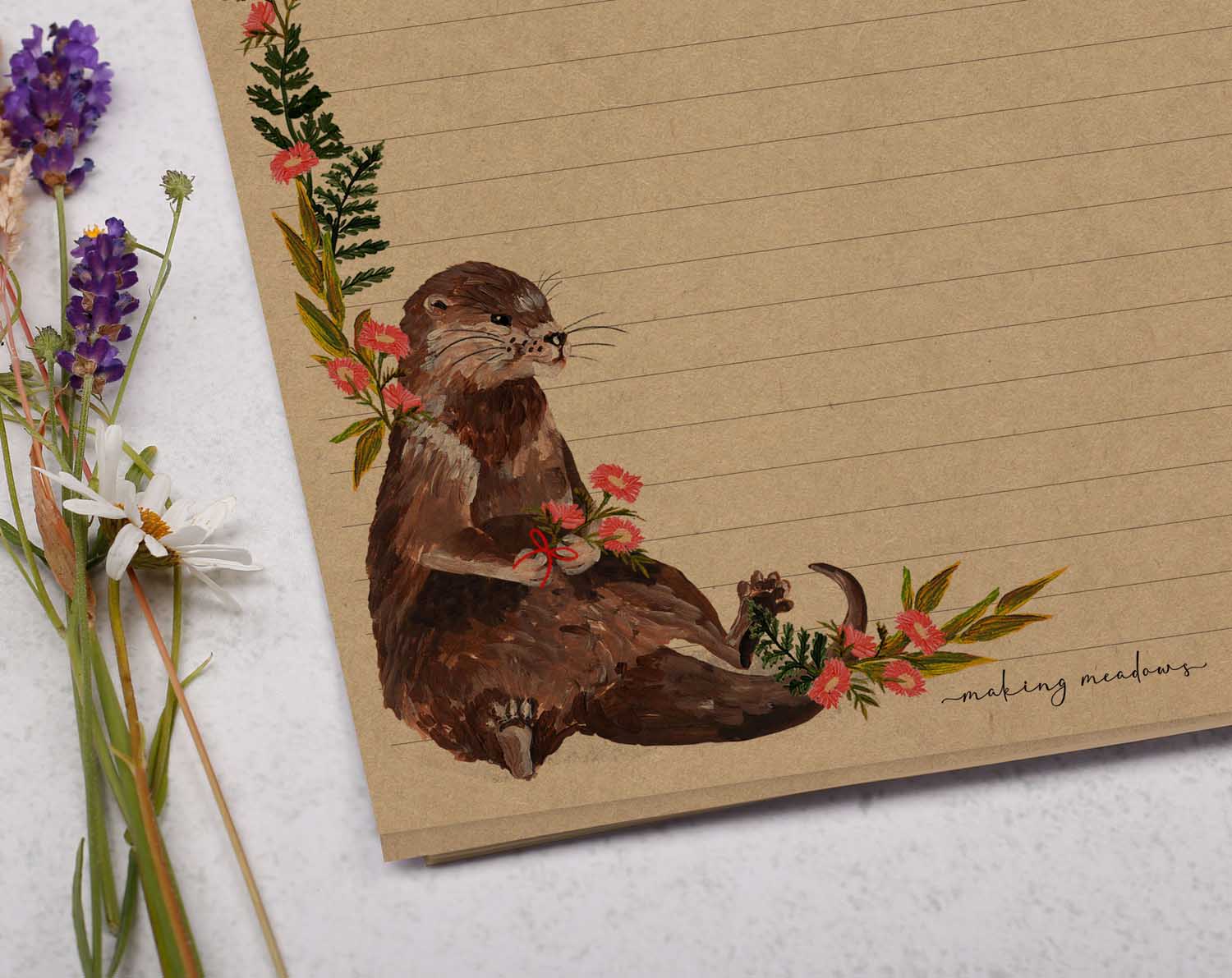 A4 kraft writing paper with cute otter. Stationery designed by Making Meadows
