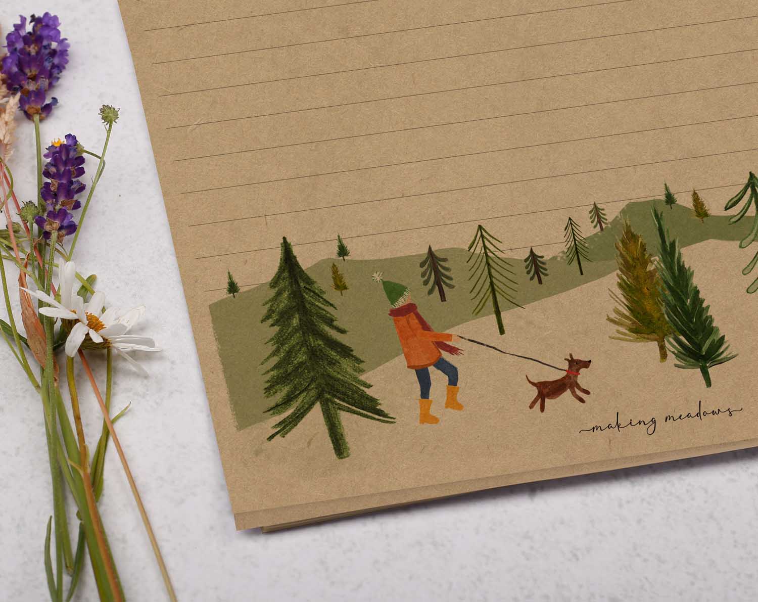 A4 kraft writing paper with dog walker. Stationery designed by Making Meadows