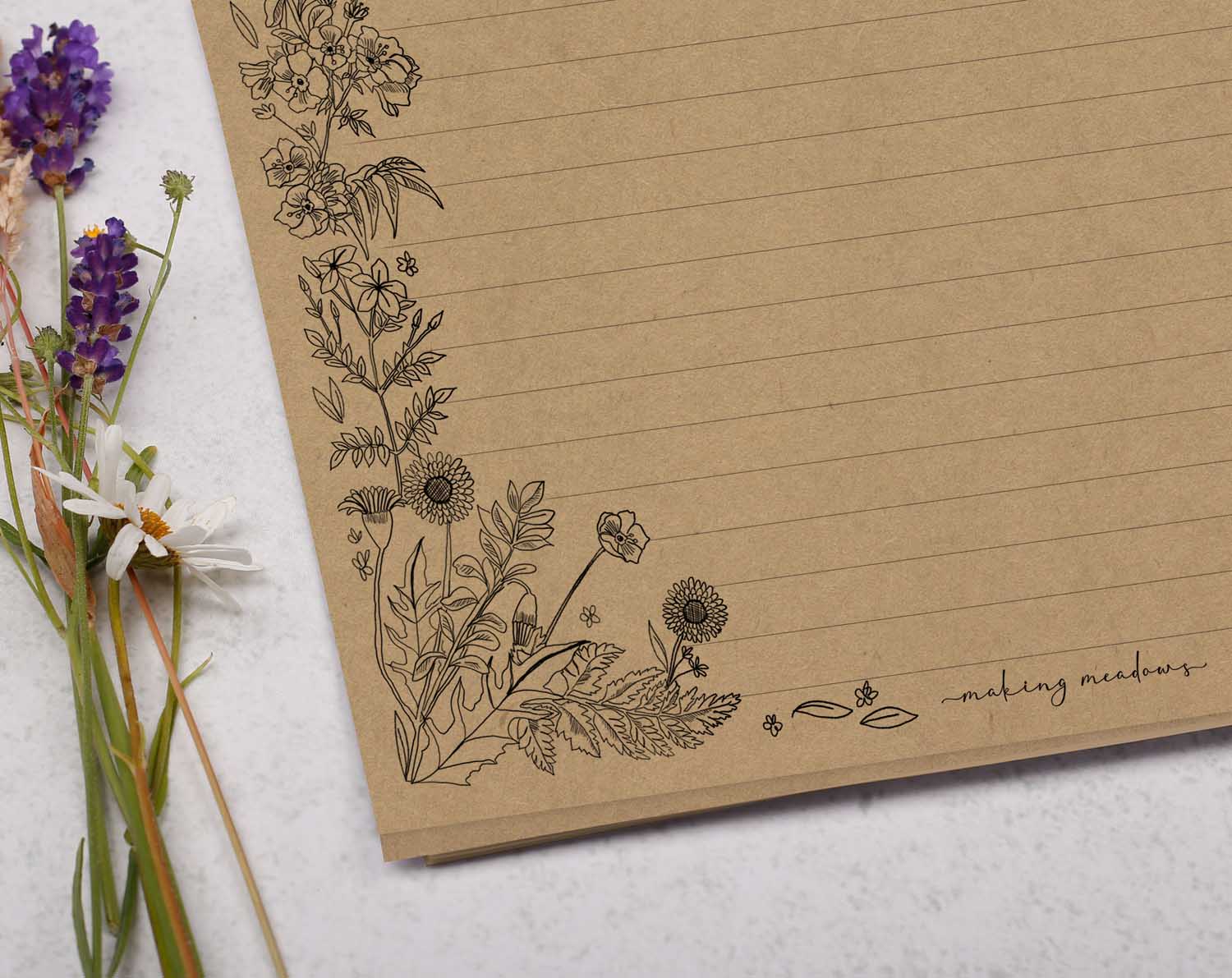 A4 kraft writing paper with linear flowers. Stationery designed by Making Meadows