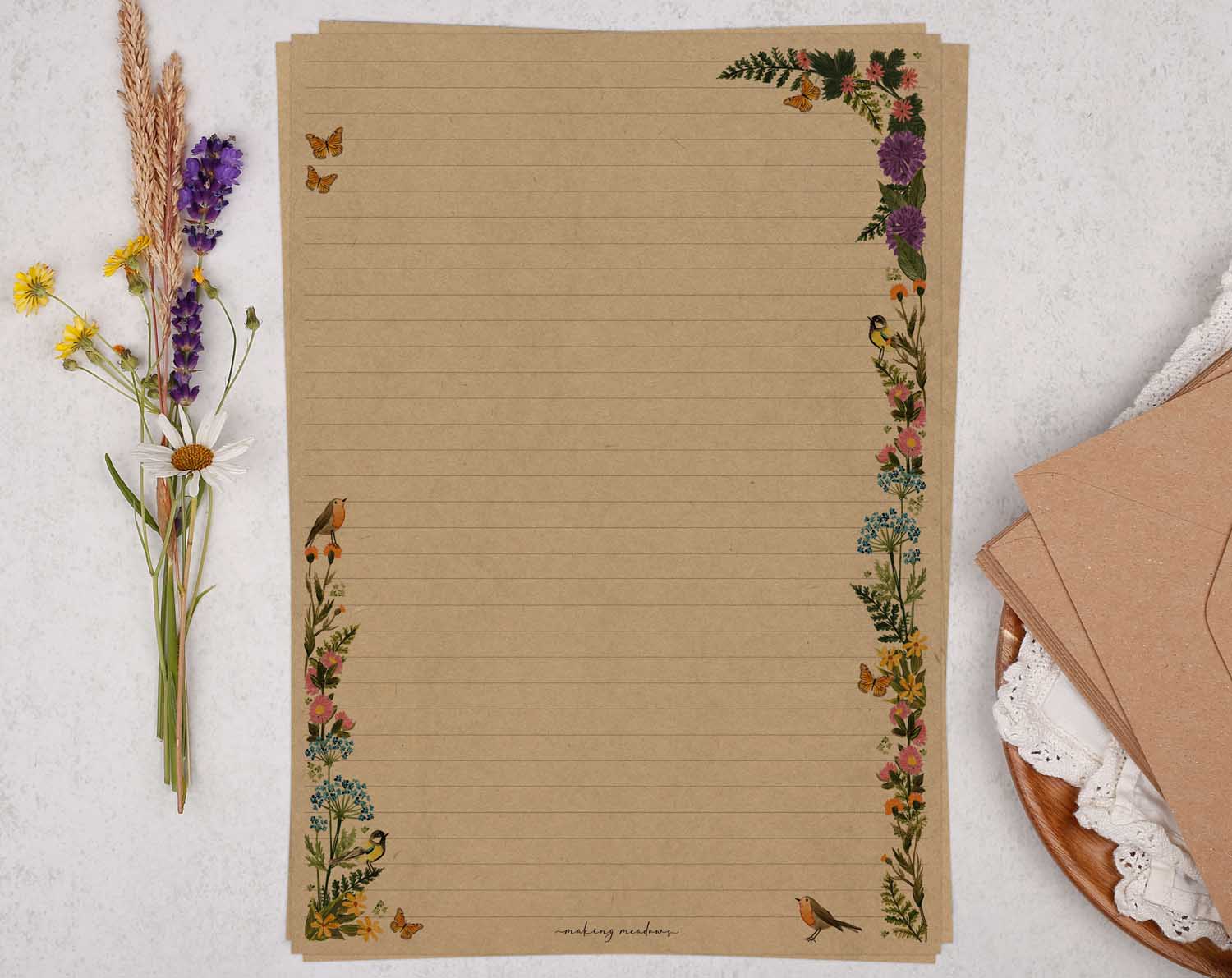 A4 kraft writing paper with meadow flower border. Stationery designed by Making Meadows