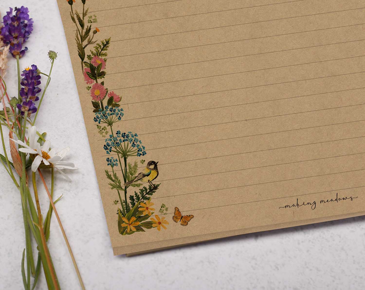 A4 kraft writing paper with meadow flower border. Stationery designed by Making Meadows