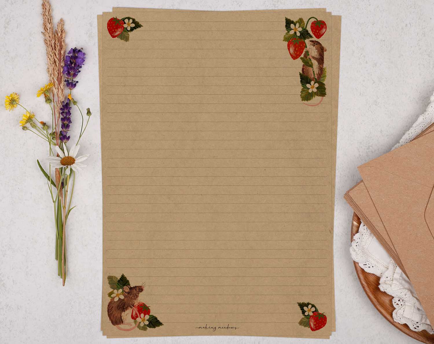 A4 kraft writing paper with mice & strawberries. Stationery designed by Making Meadows
