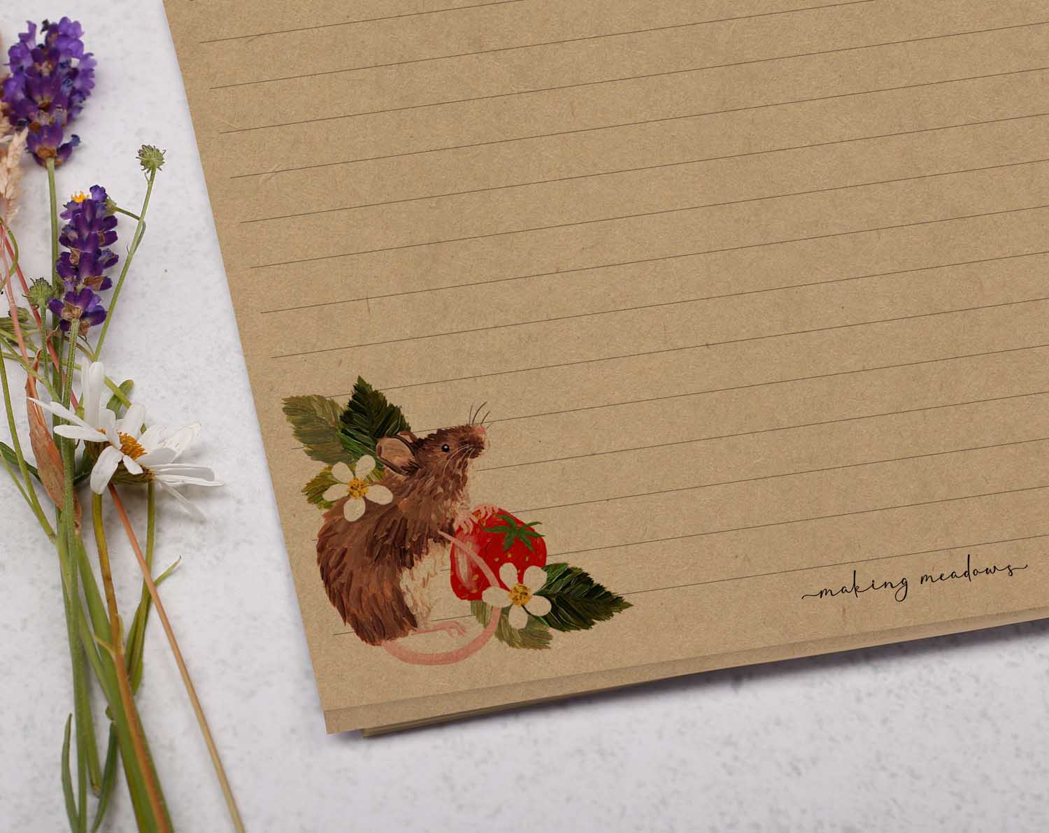 A4 kraft writing paper with mice & strawberries. Stationery designed by Making Meadows