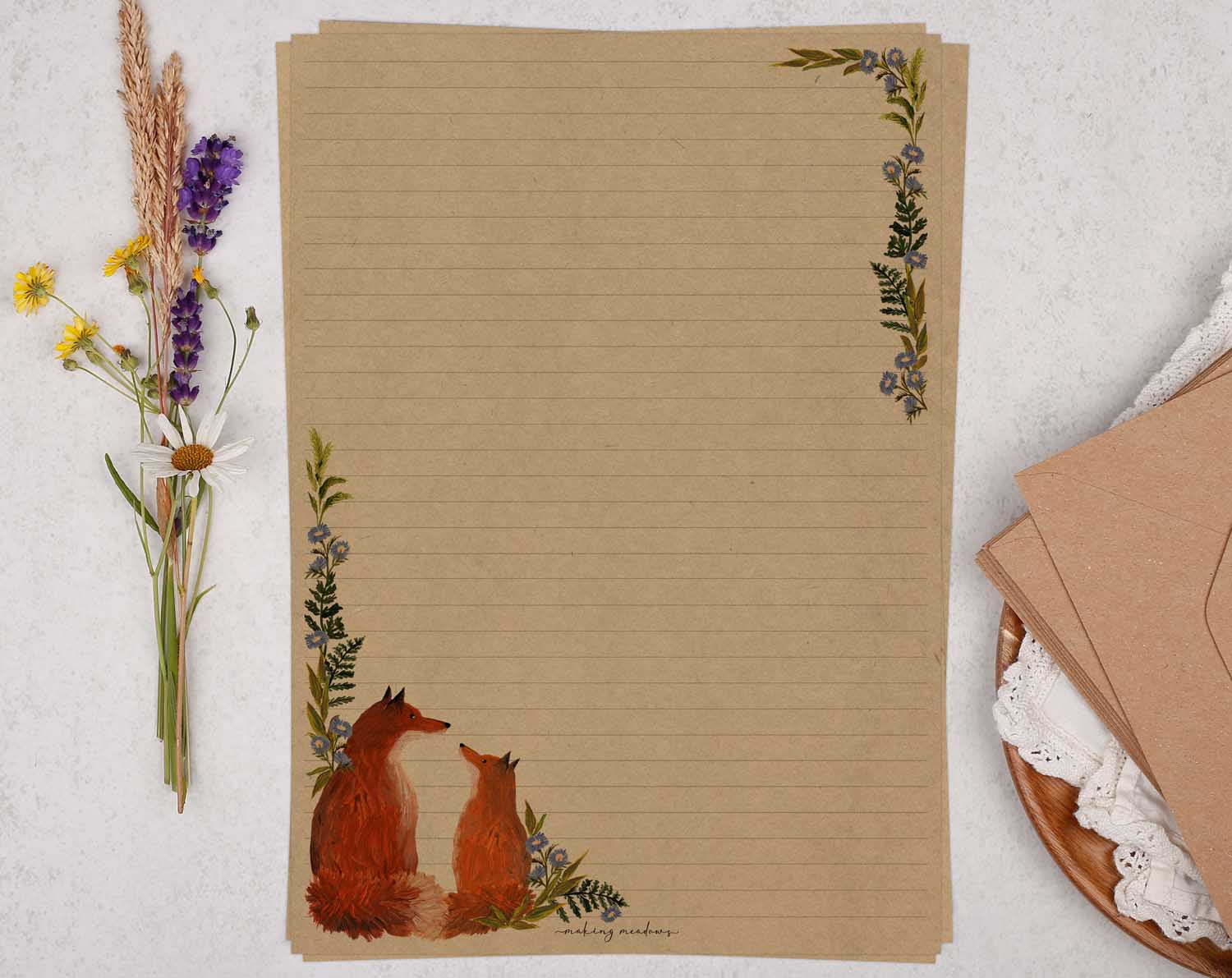 A4 kraft writing paper with pair of foxes. Stationery designed by Making Meadows