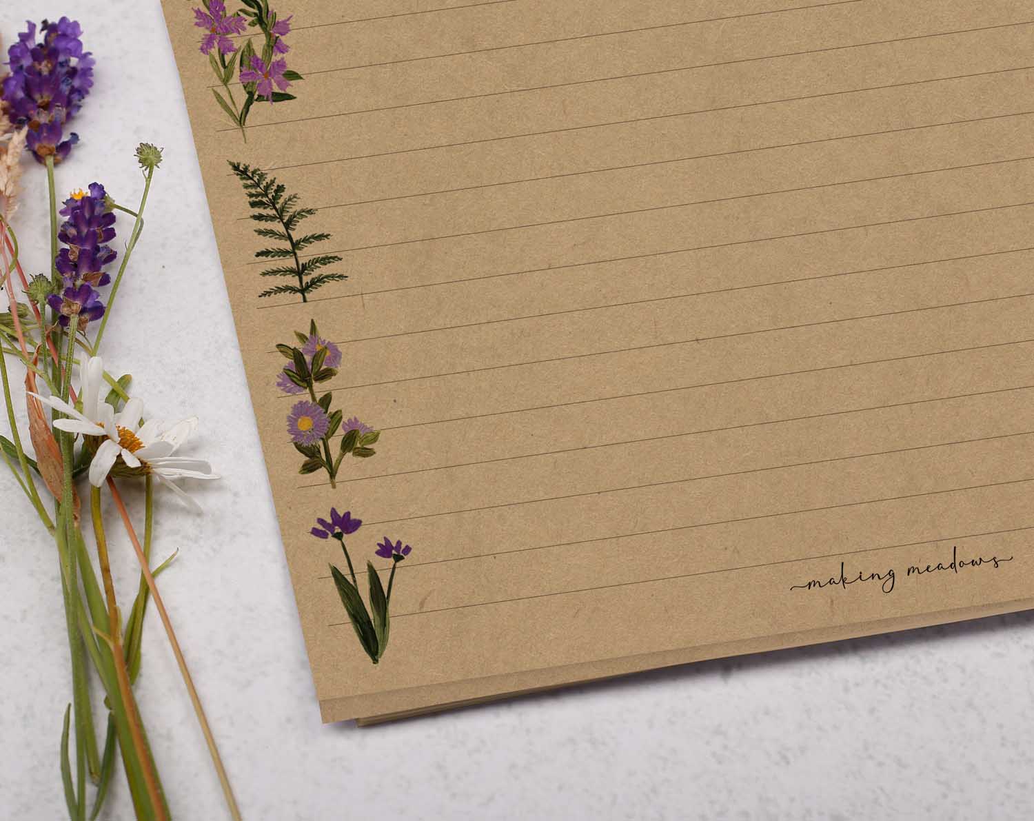A4 kraft writing paper with purple meadow flowers. Stationery designed by Making Meadows