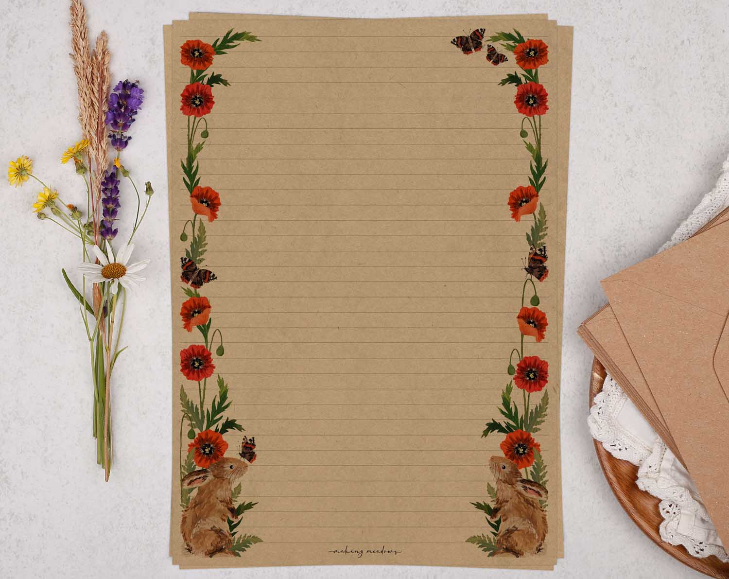 A4 kraft writing paper with rabbits & poppy flowers. Stationery designed by Making Meadows
