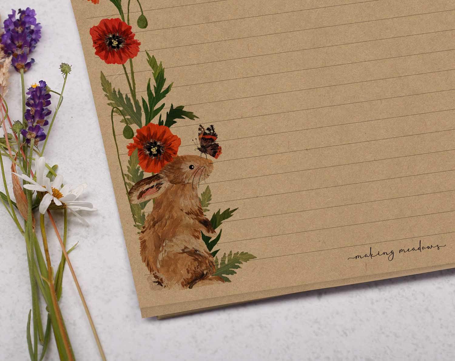 A4 kraft writing paper with rabbits & poppy flowers. Stationery designed by Making Meadows
