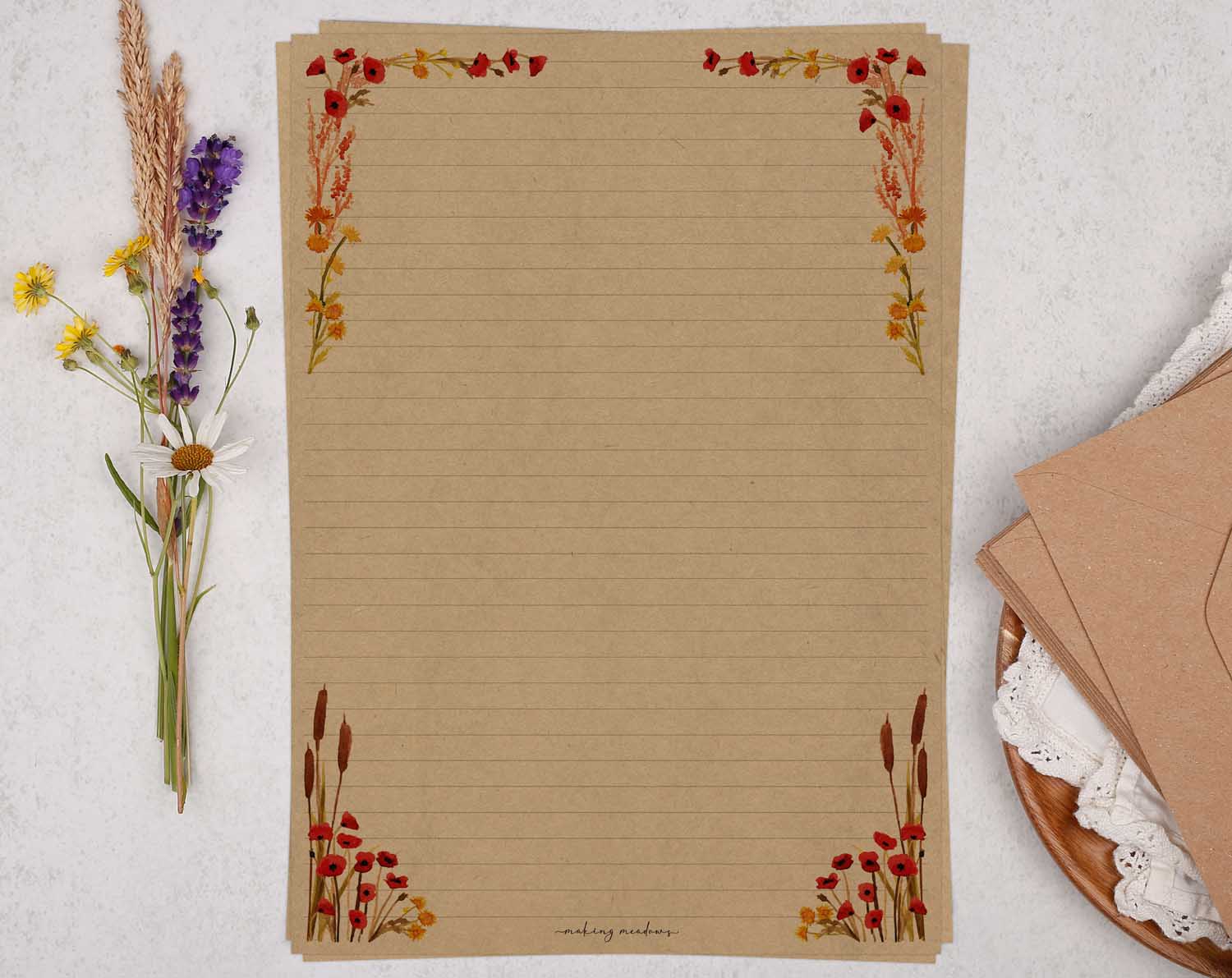 A4 kraft writing paper with reeds & poppy. Stationery designed by Making Meadows