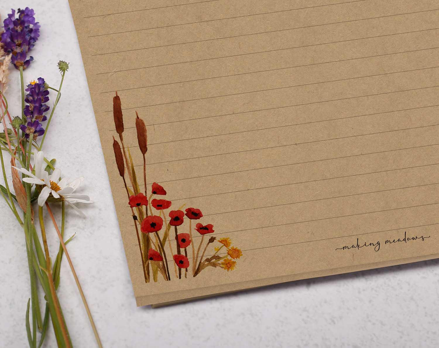 A4 kraft writing paper with reeds & poppy. Stationery designed by Making Meadows